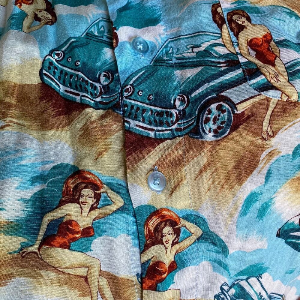 Marc Edwards Men’s Hawaiian Camp Shirt size XL Cars Convertible Pin Up Girl - Picture 13 of 14